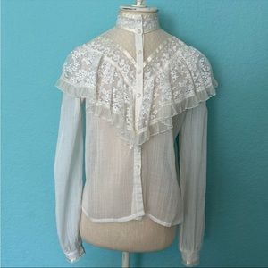 Vintage Jessica’s Gunnies Victorian Style Lace Button Down High Neck Blouse